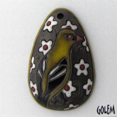 dark oval pendant with yellow bird