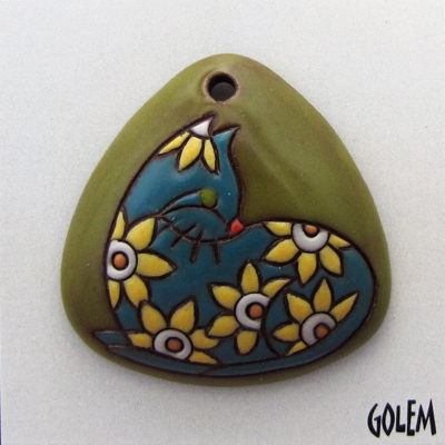 Triangle pendant, turquoise cat on green