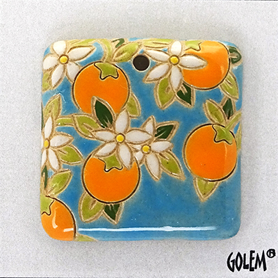 Oranges on blue - large square pendant