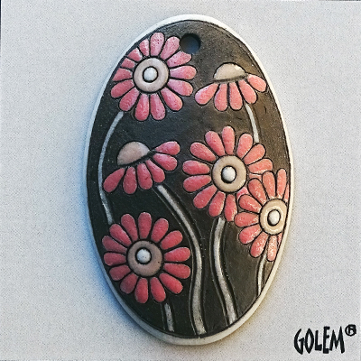 Long domed oval, pink daisies on dark