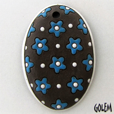 Oval dark pendant, neon blue flowers