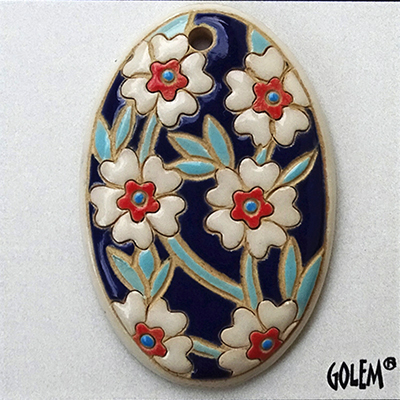 Blooming Hearts - white on blue, large oval