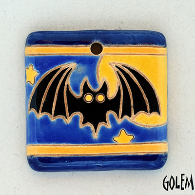 Oval square pendant, Bat, Moon and Stars
