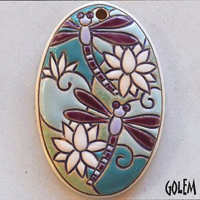 Dragonfly and Lotus - oval pendant