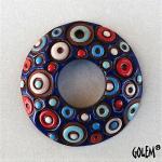 Round donut pendant, deep blue/coral/yellow