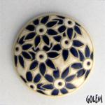 round domed cabochon, blue  flowers on white