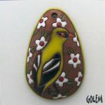 Oval terracotta pendant with yellow bird