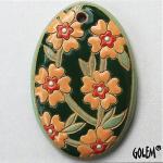 Blooming Hearts - orange on green, large oval