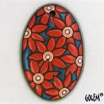 Pale Red flowers on blue, oval pendant