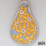 Yellow flowers on blue, drop shaped pendant