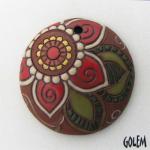 Paisley flower, round, red on terracotta