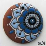Paisley, large rond, blue flower on terracotta