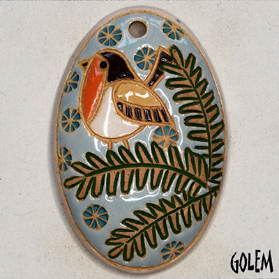 Bird on a pine tree, large oval pendant