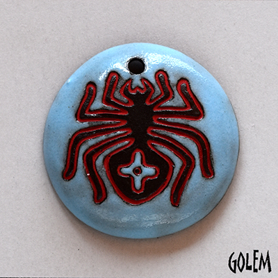 Round pendant, Spider, Light Blue & Red on dark